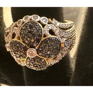 Two-Tone MDJ 925 Floral Cocktail Ring, Black Pavé Stones, Sterling Silver Statem